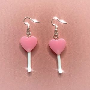 Handmade Pink Resin Heart Shaped Candy Lollipop Dangle Earrings